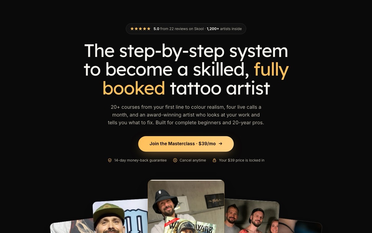 The rebuilt Tattoo Masterclass landing page preview